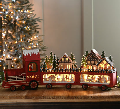Wooden LED Lit Christmas Train Scene Decoration