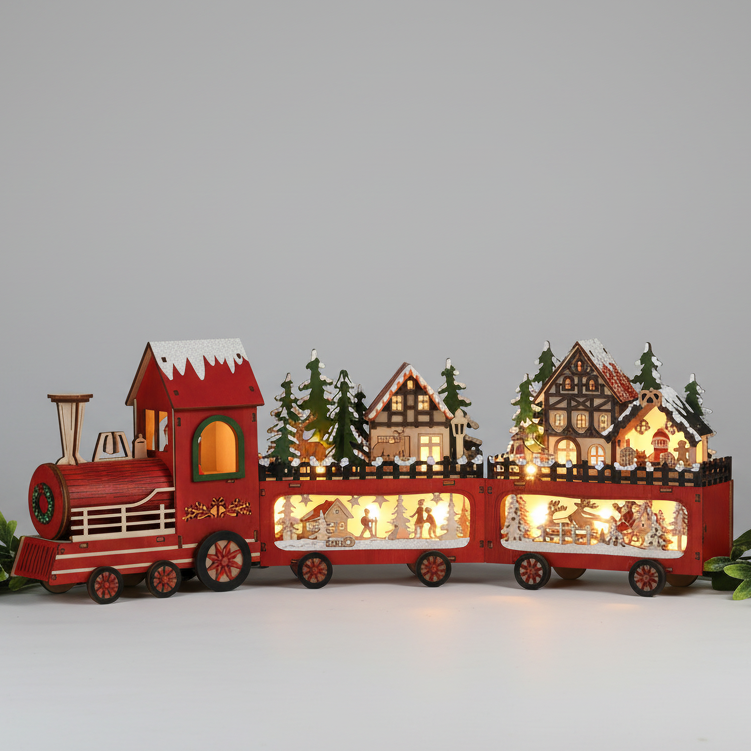 Wooden LED Lit Christmas Train Scene Decoration