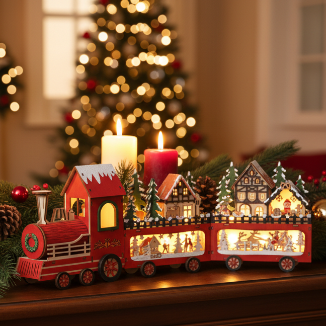 Wooden LED Lit Christmas Train Scene Decoration