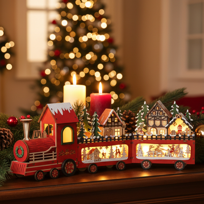 Wooden LED Lit Christmas Train Scene Decoration