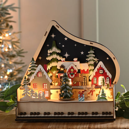 Wooden Animated Piano Scene Christmas Decoration