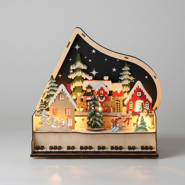 Wooden Animated Piano Scene Christmas Decoration