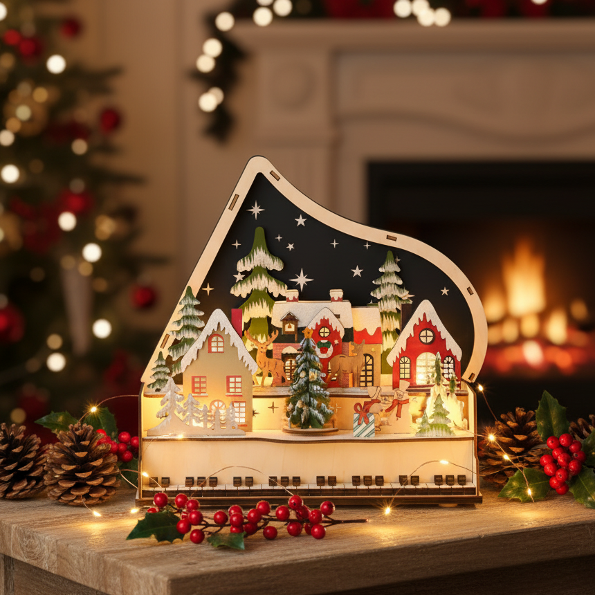 Wooden Animated Piano Scene Christmas Decoration