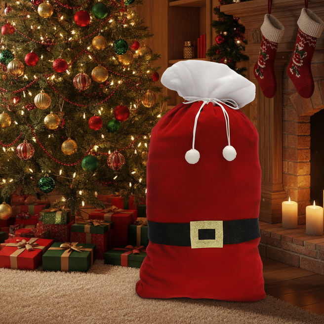 Plush Burgundy Christmas Santa Sack with Belt Design