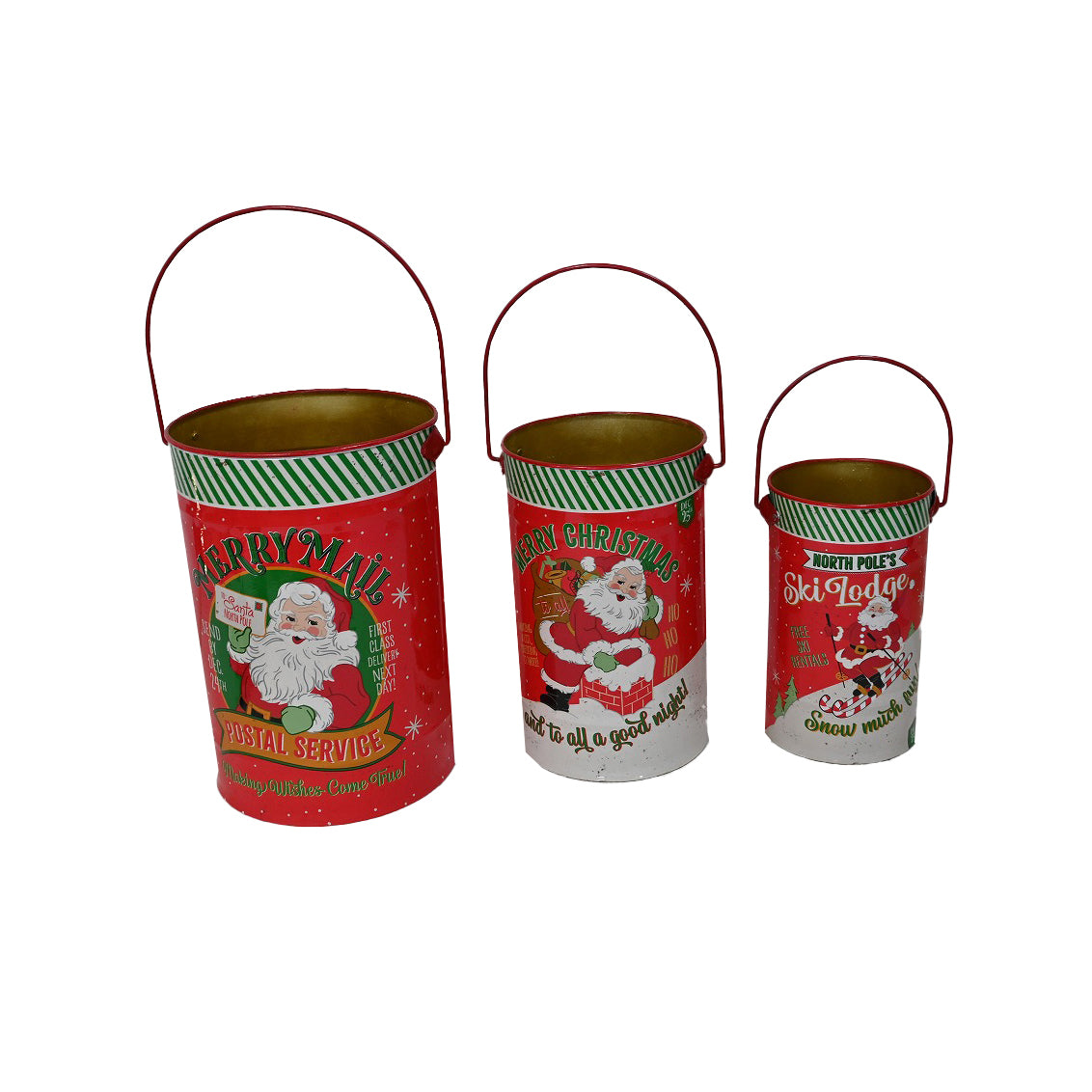 Set of 3 Traditional Santa Scene Metal Christmas Buckets