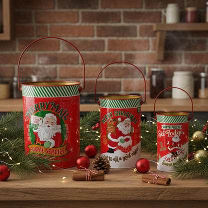 Set of 3 Traditional Santa Scene Metal Christmas Buckets