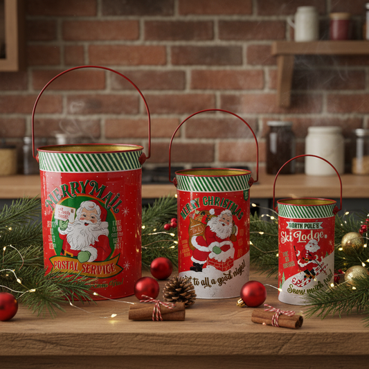 Set of 3 Traditional Santa Scene Metal Christmas Buckets