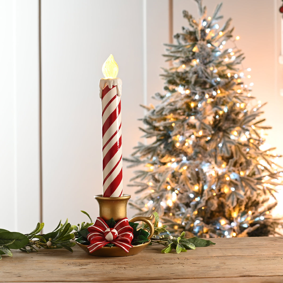 Large Red and White Christmas LED Candle Stick with Gold Holder