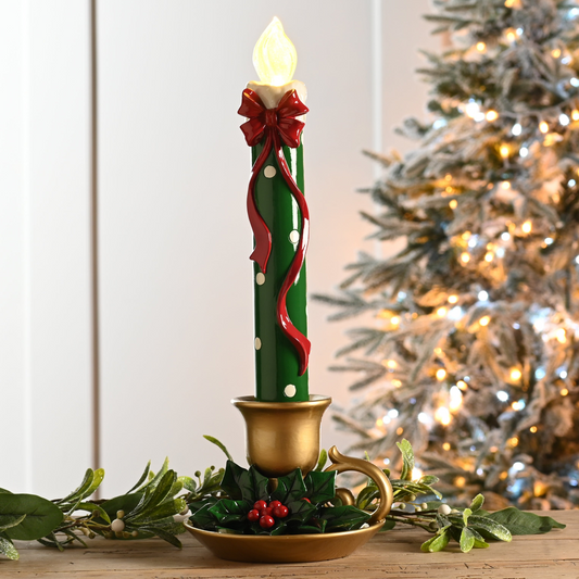 Large Green Christmas LED Candle Stick with Gold Holder