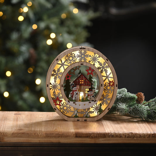 19cm Battery Operated Wooden Snowman Christmas Wreath