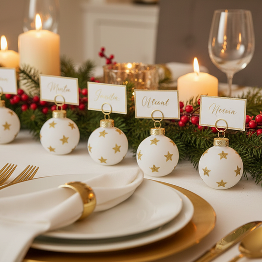 Glass Bauble Christmas Place Card Holders White with Gold Stars