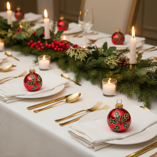Red Glass Bauble with Holly Design Christmas Place Card Holders