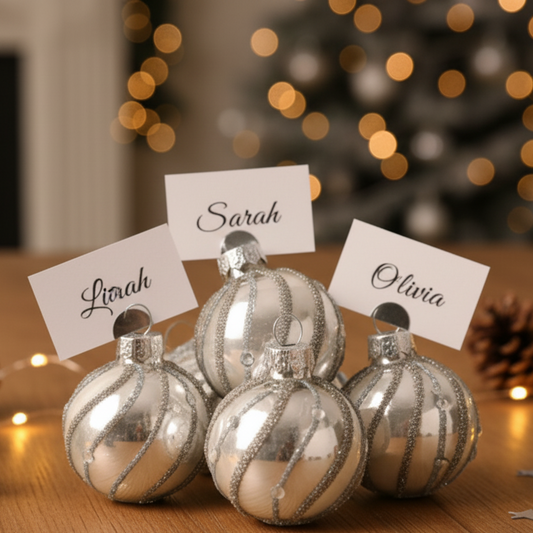 Silver Glass Christmas Bauble Place Card Holders