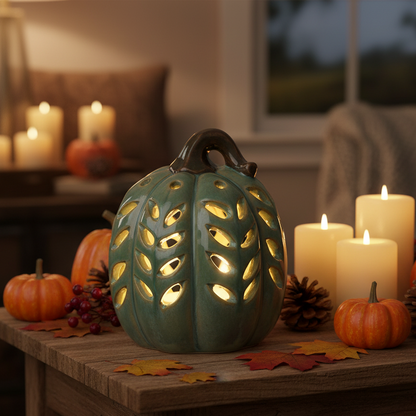 Green Ceramic LED Lit Pumpkin