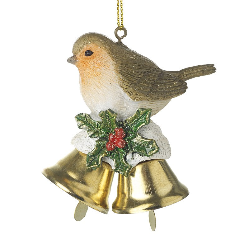 Robin on Gold Bells Christmas Hanging Decoration