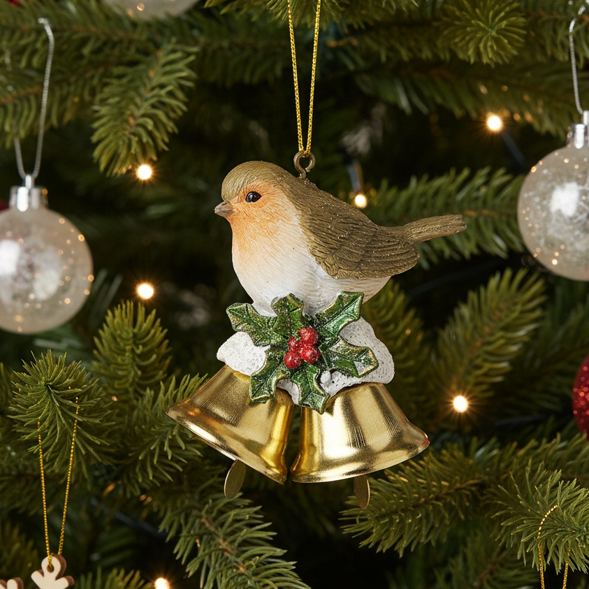 Robin on Gold Bells Christmas Hanging Decoration