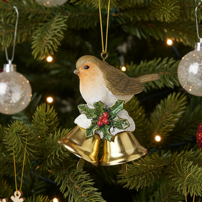 Robin on Gold Bells Christmas Hanging Decoration